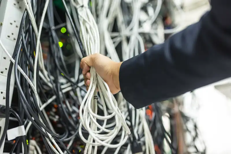 Technicien travaillant sur une baie de brassage fibre