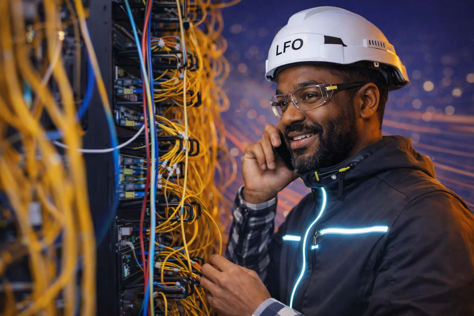 Anicet Awoa au téléphone devant une baie de brassage fibre optique